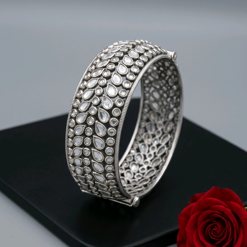 Silver Polki Cuff Kada 